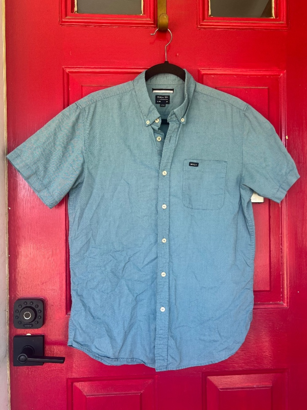 RVCA Men's Slim Medium Short Sleeve Button Up Shirt Blue Pocket Casual Summer